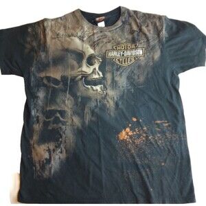 Vintage Harley-Davidson All Over Skull Pattern Tshirt Mens XL Andrae's Urbana IL